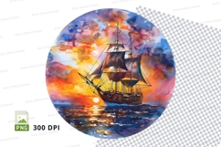 Sailing ship sunset watercolor clipart circle Product Image 1