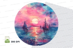 Sunset sailboats clipart watercolor pink sky reflection Product Image 1