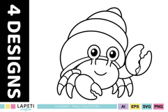 Sleeping cute crab coloring page PNG in black outline for kids crafts