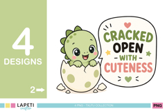 Smiling little dinosaur inside a spotted egg with Cracked Open With Cuteness lettering
