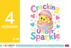 Happy chick inside a striped egg with the phrase Cracking Under Sparkle
