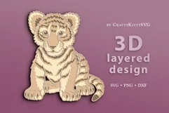 3D Baby Tiger SVG, 3D layered paper cut, Baby Animals SVG Product Image 1