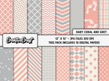 Baby Coral Grey Digital Papers, scrapbook background designs Product Image 2
