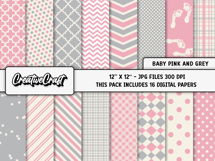 Baby Pink Grey Digital Papers, scrapbook backgrounds designs Product Image 2