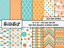 Blue Orange Digital Papers, scrapbook backgrounds designs Product Image 2