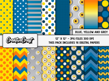 Blue Yellow Grey Digital Papers, scrapbook background design Product Image 2
