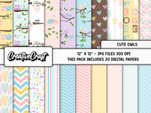 Cute Owls Digital Papers, scrapbooking backgrounds designs Product Image 2