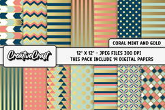 Coral Mint Gold Digital Papers, golden backgrounds designs Product Image 2