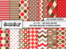 Red Brown Monkey Digital Papers, scrapbook background design Product Image 2
