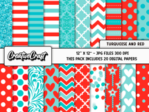 Turquoise and Red Digital Papers, scrapbook papers designs Product Image 2