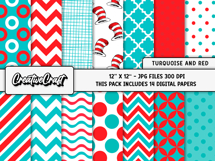 Turquoise and Red Digital Papers, scrapbook papers designs Product Image 2