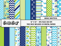 Whale Nautical Digital Papers, scrapbook backgrounds designs Product Image 2