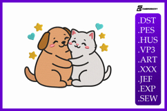 Cute Cat and Dog Hug Animals Embroidery Design Product Image 1