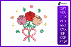 Romantic Floral Heart Bow Rose Bouquet Embroidery Design Product Image 1