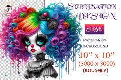 Rainbow-haired gothic clown girl with dramatic face paint and ruffled collar. Artistic and spooky, perfect for Halloween or circus-themed projects.
