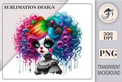 Rainbow-haired gothic clown girl with dramatic face paint and ruffled collar. Artistic and spooky, perfect for Halloween or circus-themed projects.