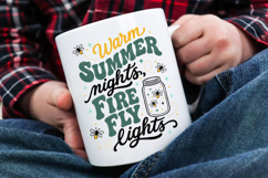 Summer nights SVG design with fireflies flying around a mason jar, playful typography, and warm seasonal colors, ideal for Cricut or Silhouette crafting projects.