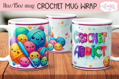 Crochet addict mug wrap PNG for sublimation| Cute yarn balls Product Image 1