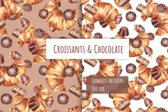 Watercolor Croissants & Chocolate Seamless Patterns Product Image 1