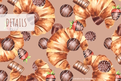 Watercolor Croissants &amp; Chocolate Seamless Pattern Set Product Image 4