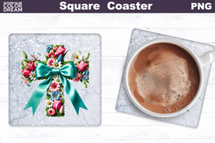 Cross Flowers Square Coaster | Easter Cross Square Coaster Product Image 1
