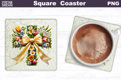 Cross Flowers Square Coaster | Easter Cross Square Coaster Product Image 1