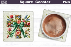 Cross Flowers Square Coaster | Easter Cross Square Coaster Product Image 1