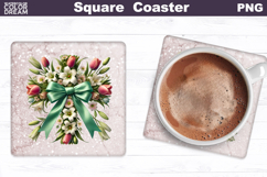 Cross Flowers Square Coaster | Easter Cross Square Coaster Product Image 1