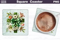 Cross Flowers Square Coaster | Easter Cross Square Coaster Product Image 1