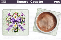 Cross Flowers Square Coaster | Easter Cross Square Coaster Product Image 1