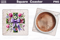 Cross Flowers Square Coaster | Easter Cross Square Coaster Product Image 1
