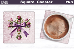 Cross Flowers Square Coaster | Easter Cross Square Coaster Product Image 1