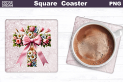 Cross Flowers Square Coaster | Easter Cross Square Coaster Product Image 1
