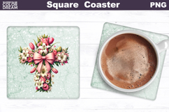 Cross Flowers Square Coaster | Easter Cross Square Coaster Product Image 1