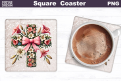 Cross Flowers Square Coaster | Easter Cross Square Coaster Product Image 1