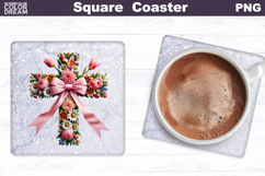 Cross Flowers Square Coaster | Easter Cross Square Coaster Product Image 1