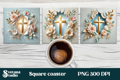 Easter square coaster | Easter cross with flower coaster PNG Product Image 1