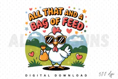 chicken, cartoon, sunglasses, feed, bag, vector, illustration, animal, bird, farm, cool, funny, design, sublimation, graphic, cute, agriculture, rural, livestock, poultry, farm animal, country, countryside, retro, vintage, heart, star, clouds, mountains, 