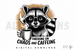 raccoon, glasses, caffeine, chaos, coffee, animal, vector, illustration, sublimation, graphic, design, humor, funny, mug, drink, morning, hipster, cute, art, print, cartoon, mammal, coffee mug, typography, digital art, vector illustration, artwork