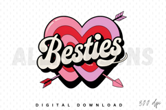 besties, friends, friendship, heart, hearts, arrow, arrows, love, valentine, valentines day, typography, text, quote, graphic, illustration, design, retro, vintage, trendy, groovy, stylish, cute, pink, red, purple, valentines day card, best friends, girly