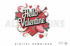 valentines day, hello valentine, heart, arrow, rose, love, vintage, retro, typography, design, graphic, clip art, illustration, holiday, february 14, romantic, romance, greeting, decoration, festive, celebration, pink, red, white, candy heart, ribbon, spa