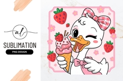 Cute Duck Eating Strawberry Ice Cream Cartoon Sublimation Product Image 1