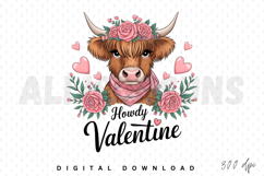highland cow, cow, valentine, valentines day, animal, cute, love, heart, flowers, roses, floral, floral wreath, wreath, pink, scarf, cartoon, illustration, graphic, clip art, clipart, kawaii, festive, holiday, howdy, digital, design, valentine design, val