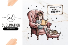 Girl Reading Book With Cat Illustration Sublimation Product Image 1