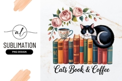 Cat Books Coffee Flowers Sublimation Png Design Product Image 1