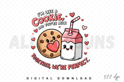 cookie, milk, cartoon, kawaii, cute, valentine, love, heart, dessert, sweet, food, drink, illustration, graphic, design, character, perfect, combination, relationship, friendship, happy, joyful, vector, digital art, valentines day, pink, brown, white, str
