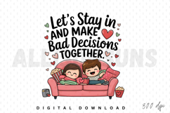 couple, couch, stay in, bad decisions, together, cute, kawaii, love, heart, vector, illustration, cartoon, comic, funny, humor, romance, romantic, movie, popcorn, tv, relationship, valentine, valentines day, design, digital art, sticker, print, decal, ado