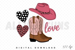 valentine, valentines, valentines day, western, cowboy, cowgirl, boots, hearts, love, hat, pink, leopard, polka dot, illustration, clip art, vector, design, romantic, cute, digital art, digital download