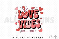 love vibes, retro, vintage, hearts, arrow, valentines day, vector, graphic design, design element, typography, lettering, text, red, pink, illustration, clip art, digital art, groovy, 70s, 1970s, aesthetic, trendy, cute, fun, decorative, positive, message