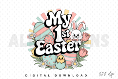 easter, my first easter, bunny, chick, easter egg, floral, spring, pastel colors, cute, cartoon, baby, toddler, greeting card, invitation, design, vector, illustration, holiday, celebration, typography, text, flowers, daisies, tulips, stripes, polka dots,